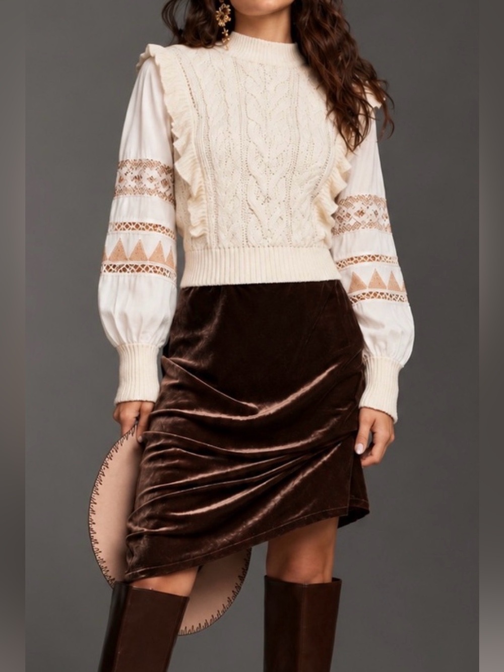 Anthropologie Cream Cable Ruffle Detail Pullover with Embroidered Sleeves
